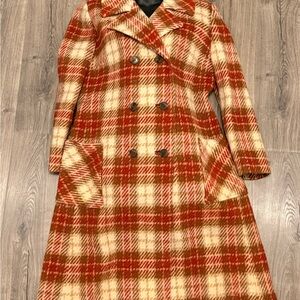 Vintage Wool Coat mid century Burgundy/Orange/Cream Plaid size M